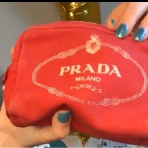 Prada Milano Coral Red Cosmetic Pouch with White Logo